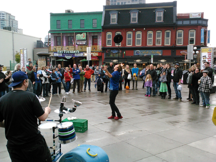 Juggling Joe balances his hat and cane.